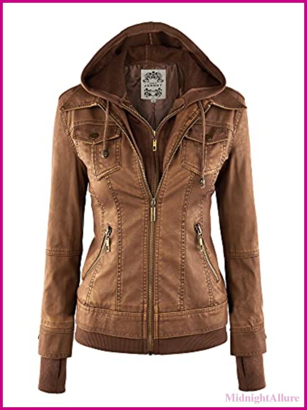 Women's Faux Leather Moto Jacket with Removable Hoodie, Long Sleeve, Zip Front